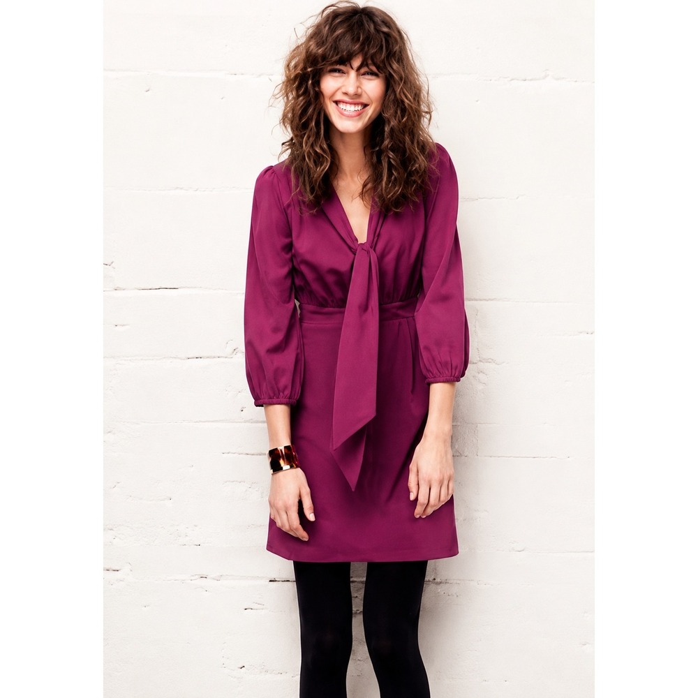 H&M Women Dress Bow Neck 6 Magenta Long Sleeve Bow Mini A-Line Cocktail Career